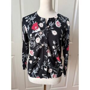 LOFT Black Floral Cardigan Cotton Button Front Size M Cottage Granny Feminine